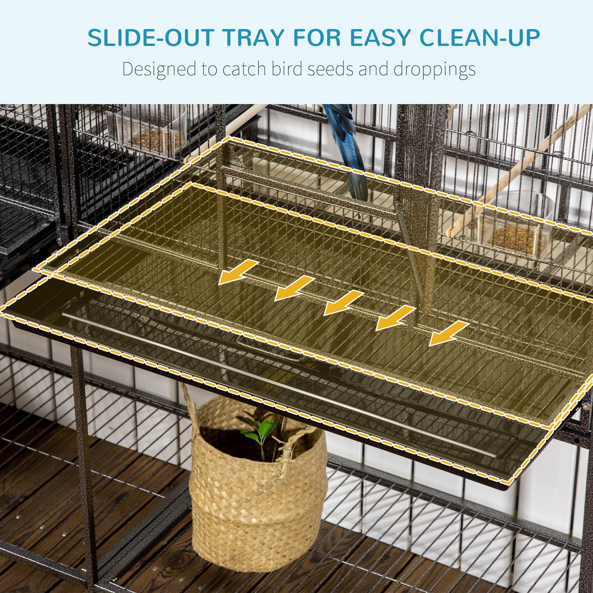 PawHut 30 Rolling Metal Bird Cage Feeder with Detachable Rolling Stand, Storage Shelf, Wood Perch & Food Container